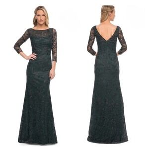 La Femme Dark Emerald Green Embellished Tulle & Lace A-Line Gown Size 6‎